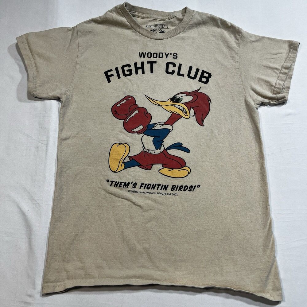 VTG 2002 Riot Society Woody Woodpecker Fight Club T-Shirt Tan Men's Size S Y2K